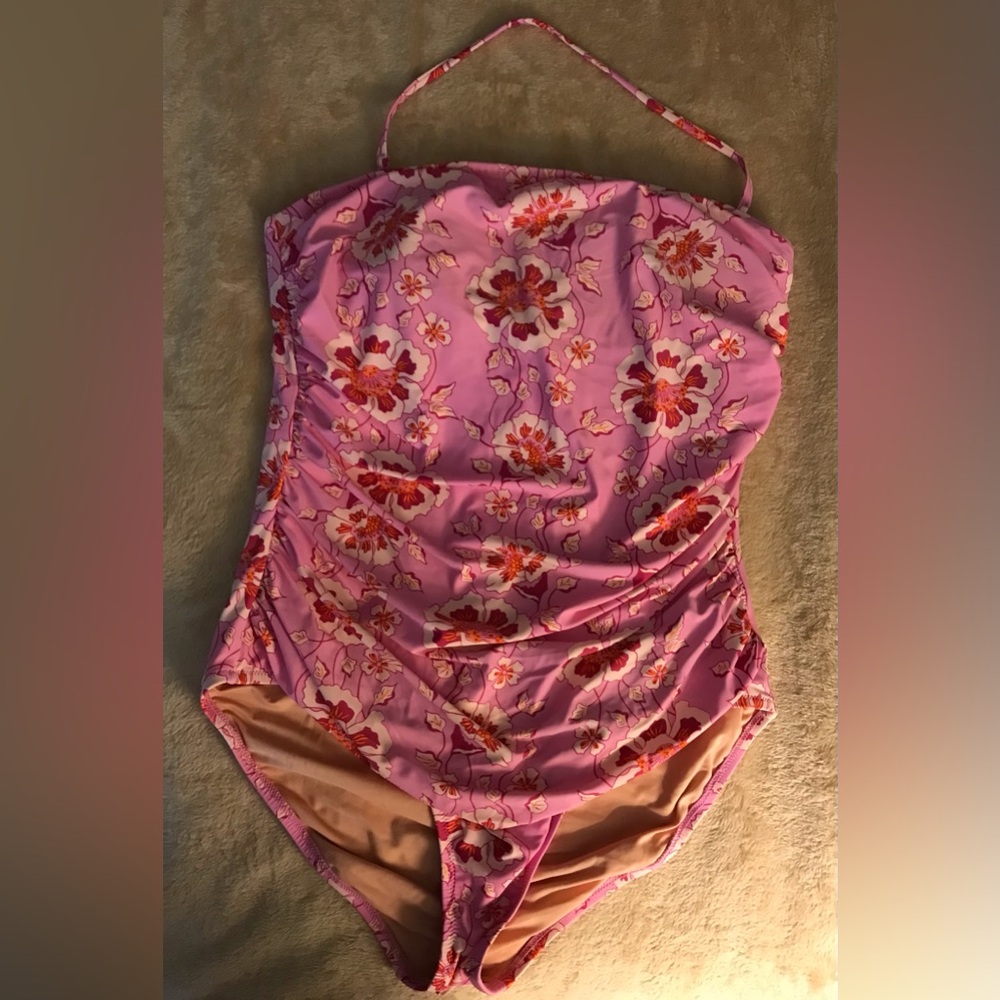 J.Crew Ruched Bandeau One Piece Swimsuit Climbing Floral Print Pink Women